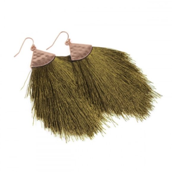 Olive Green Tassel Drop Earrings - Picture 2 of 2